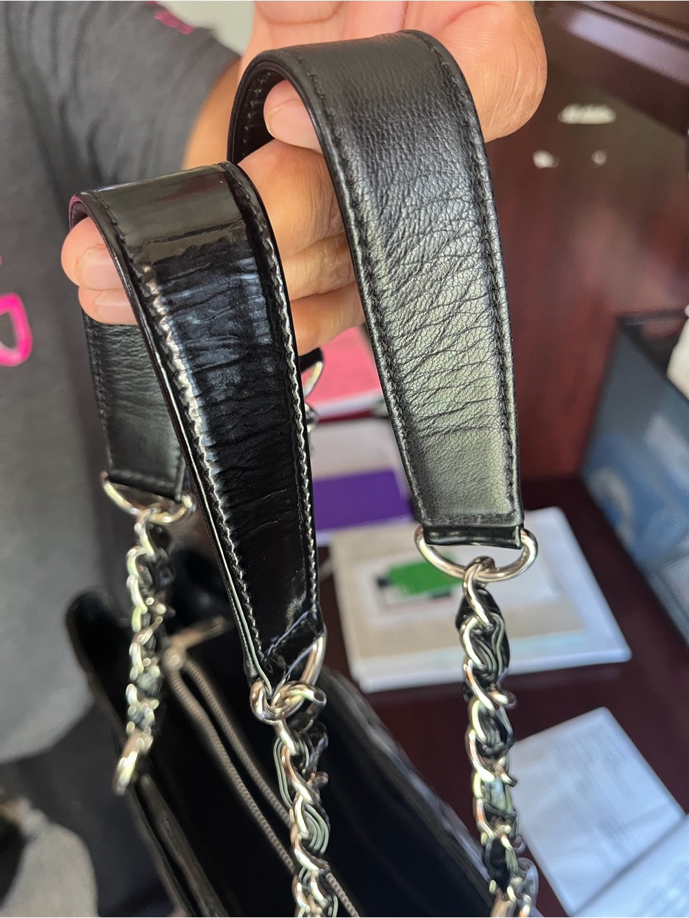 CHANEL Black Quilted Patent Leather Tote with Chain Straps - Picture 10 of 10